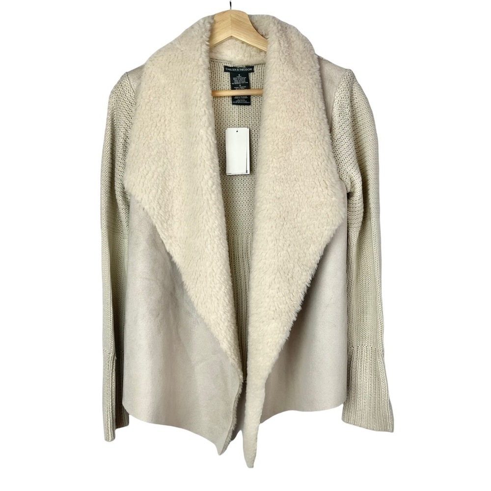 Chelsea & Theodore Off White Faux Fur Suede Open Front Cardigan Sweater S